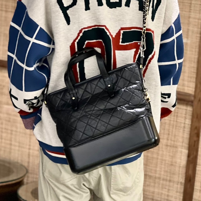 隨性高級💎超低價😍Chanel香奈兒黑色Gabrielle 托特流浪包單肩斜挎包-7