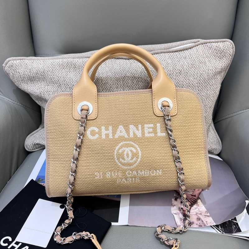Chanel香奈兒奶茶色沙灘包保齡球包 底長28  芯片款-0