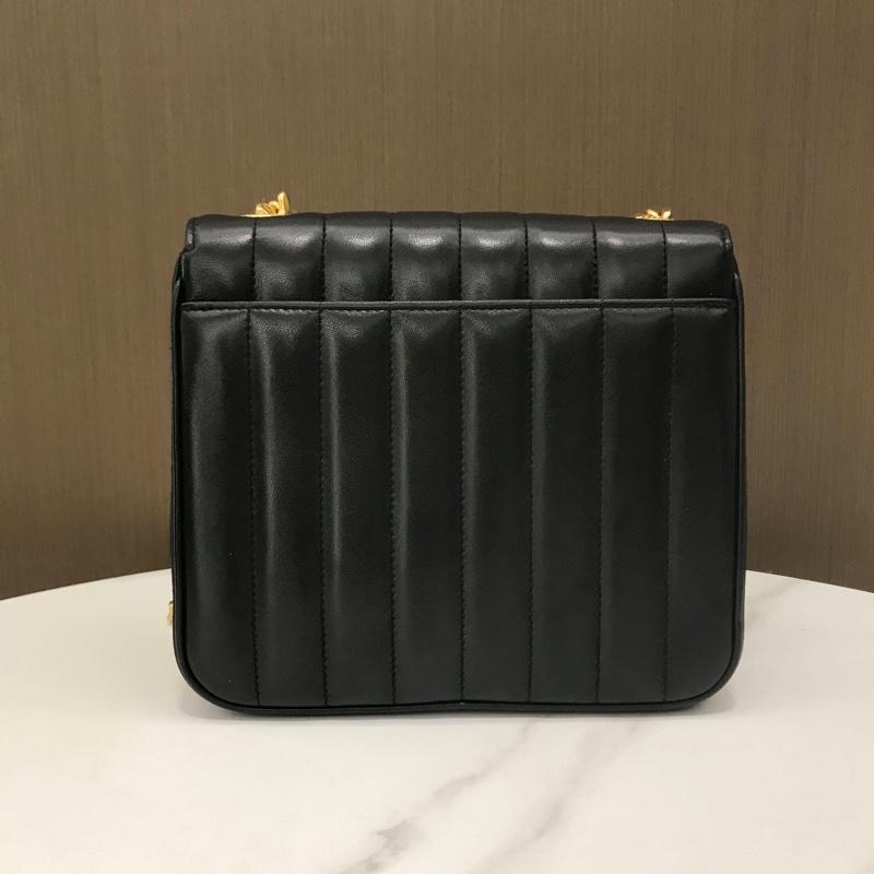 YSL聖羅蘭黑色Vicky牛皮 底長20cm 方胖子 黑金鍊條包。-5