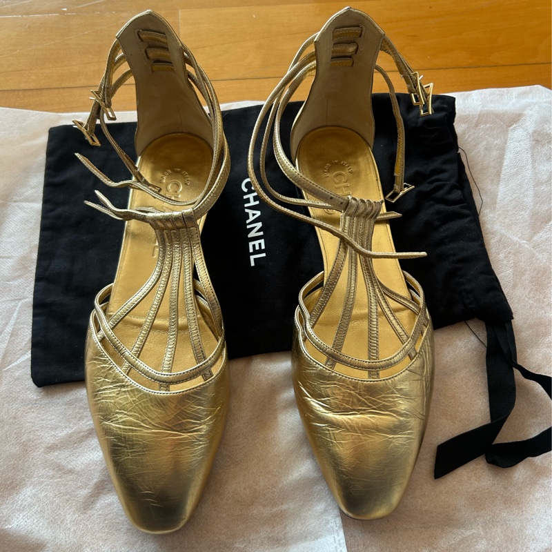 經典金色channel 平底鞋-0