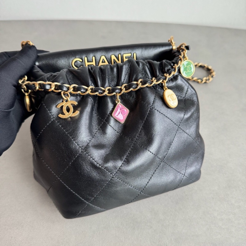 Chanel 香奈兒 23P黑金 mini福袋水桶包 寶石鏈條，彩色寶石福袋 抽繩水桶鏈條包-1