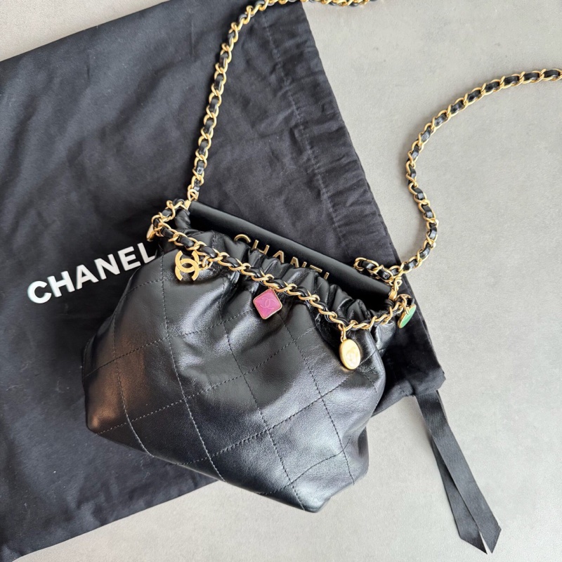 Chanel 香奈兒 23P黑金 mini福袋水桶包 寶石鏈條，彩色寶石福袋 抽繩水桶鏈條包-2