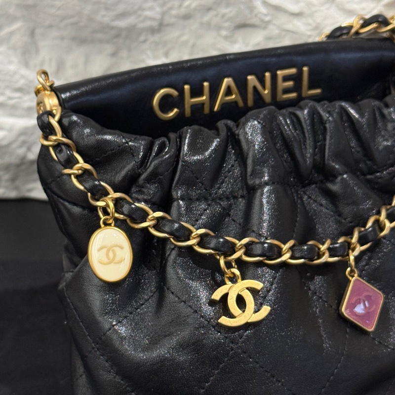 Chanel 香奈兒 23P黑金 mini福袋水桶包 寶石鏈條，彩色寶石福袋 抽繩水桶鏈條包-3