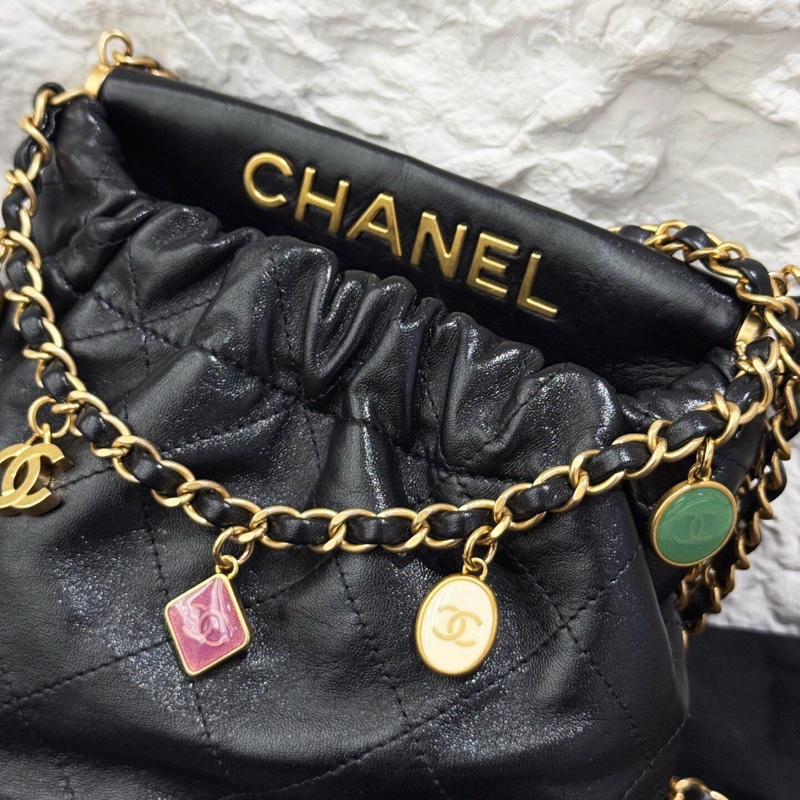 Chanel 香奈兒 23P黑金 mini福袋水桶包 寶石鏈條，彩色寶石福袋 抽繩水桶鏈條包-13