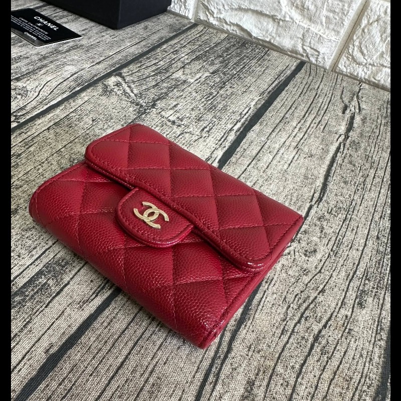 Chanel 荔枝紋紅金短夾-8