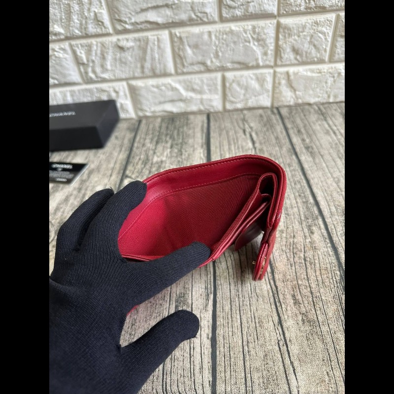 Chanel 荔枝紋紅金短夾-11