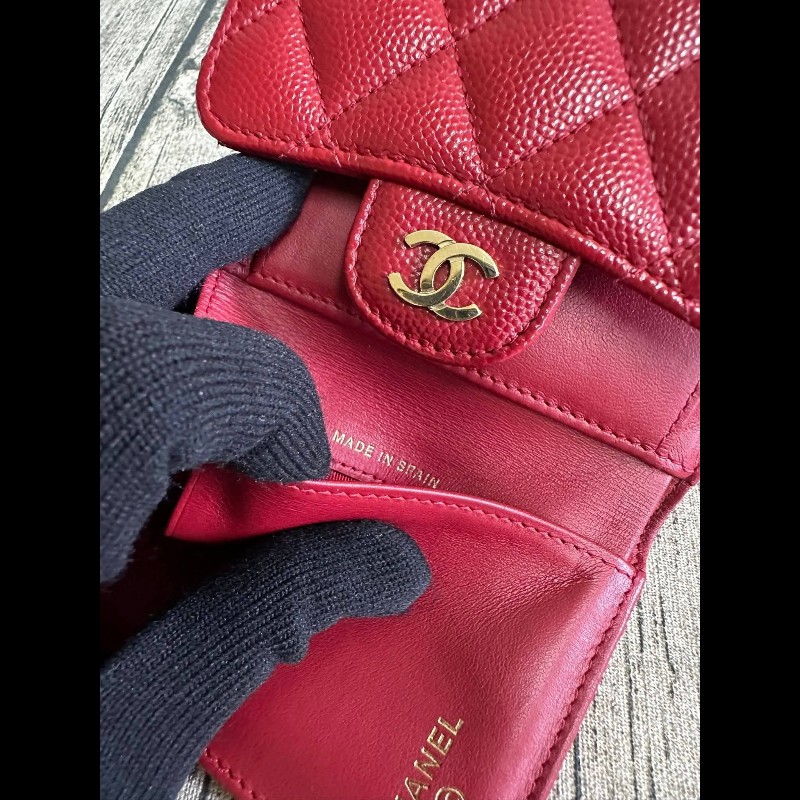 Chanel 荔枝紋紅金短夾-13