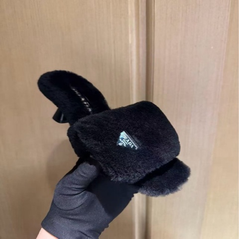 Prada 黑色羊毛三角標小貓跟拖鞋 37 37.5