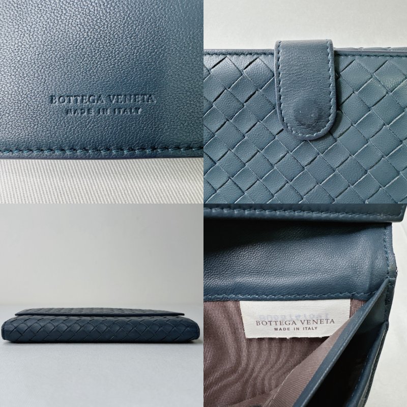 BV 藍色小羊皮編織扣式長夾-10