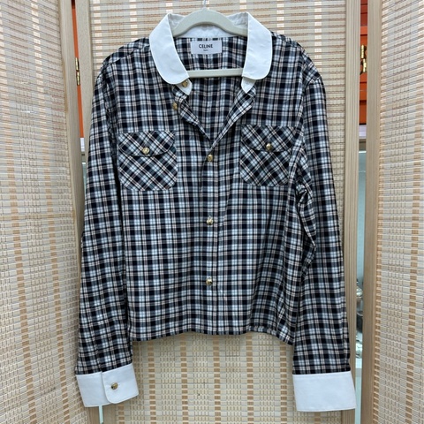 CELINE 格紋單排扣翻領短長袖襯衫 38 碼