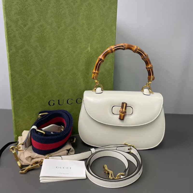 gucci白色Bamboo mini1947竹節馬鞍包手提包肩背包21*12*7.5  98新配件塵袋 盒子-2