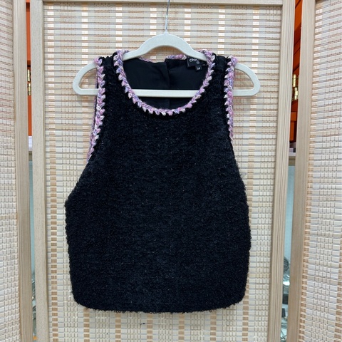 Chanel24K粉紅滾邊黑色粗呢背心上衣，38碼