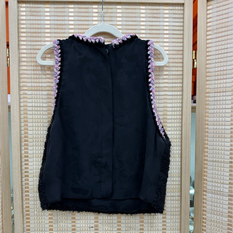 Chanel24K粉紅滾邊黑色粗呢背心上衣,38碼-1