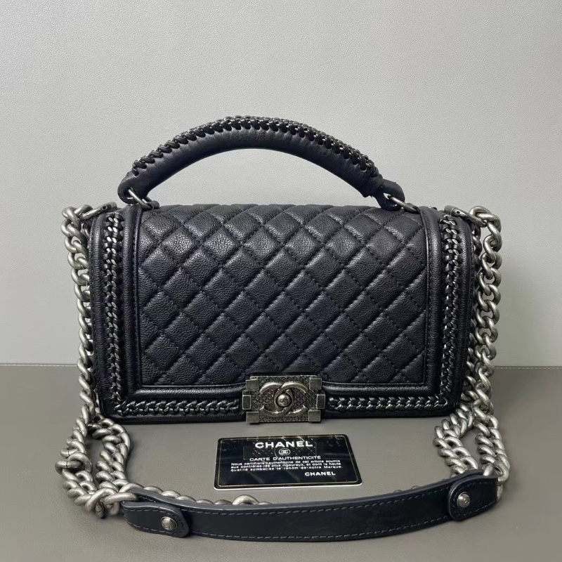 Chanel 宮廷限定重工款Leboy中號黑銀黑色牛皮復古銀扣翻蓋包斜背包鏈條包 24.5*14*7 98新配件塵袋保卡-1