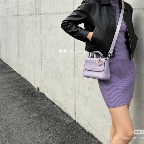 Dior 香芋紫小號Be Dior包 銀色金屬圓環提手配透明PVC裝飾片 20.5*16*10  98新配件塵袋