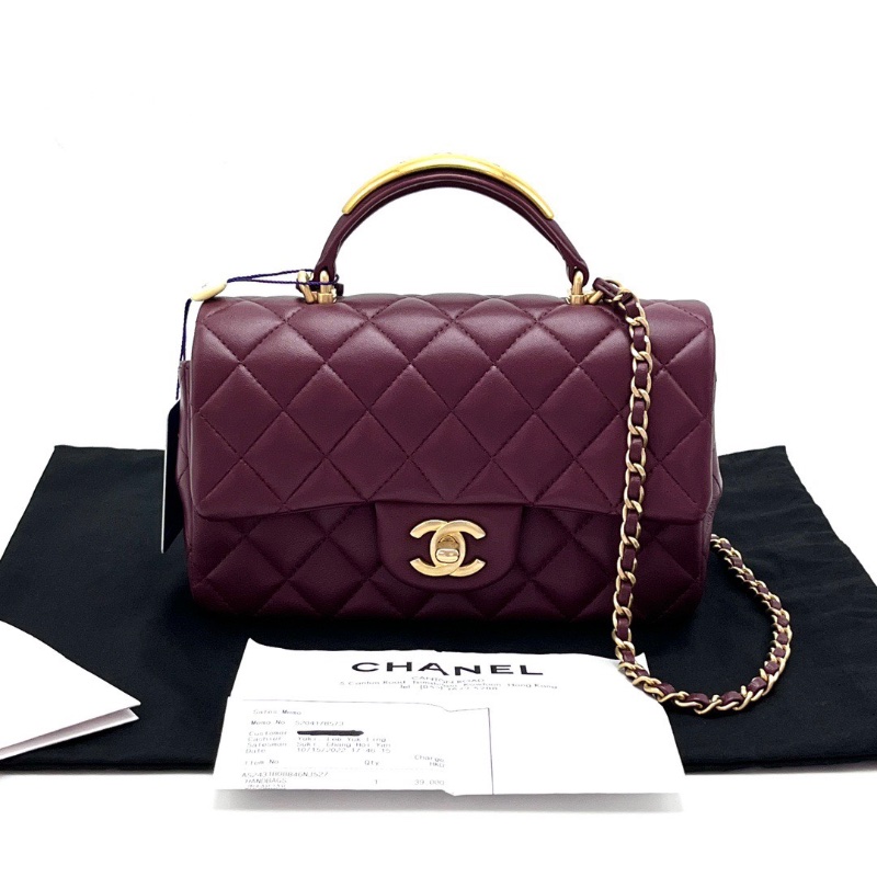 CHANEL紅金菱格紋金扣手柄cf大mini肩背斜背包20*12*6 98新配件塵袋購證-1