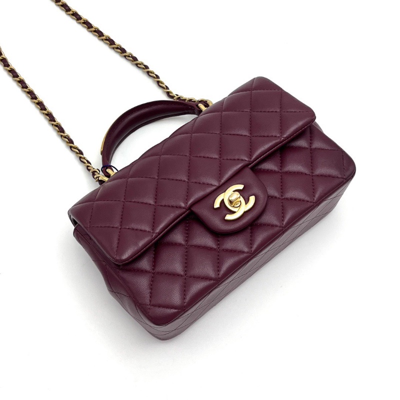 CHANEL紅金菱格紋金扣手柄cf大mini肩背斜背包20*12*6 98新配件塵袋購證-3