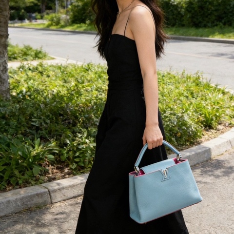 LV 藍紅拼色Capucines大號手提包36*22*13.5 98新配件塵袋