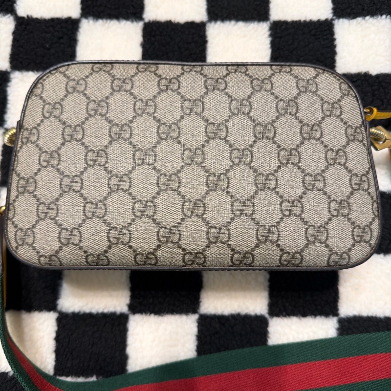 GUCCI 古馳 476466 經典GG Supreme帆布印花雙色織帶相機斜揹包(棕色)-7