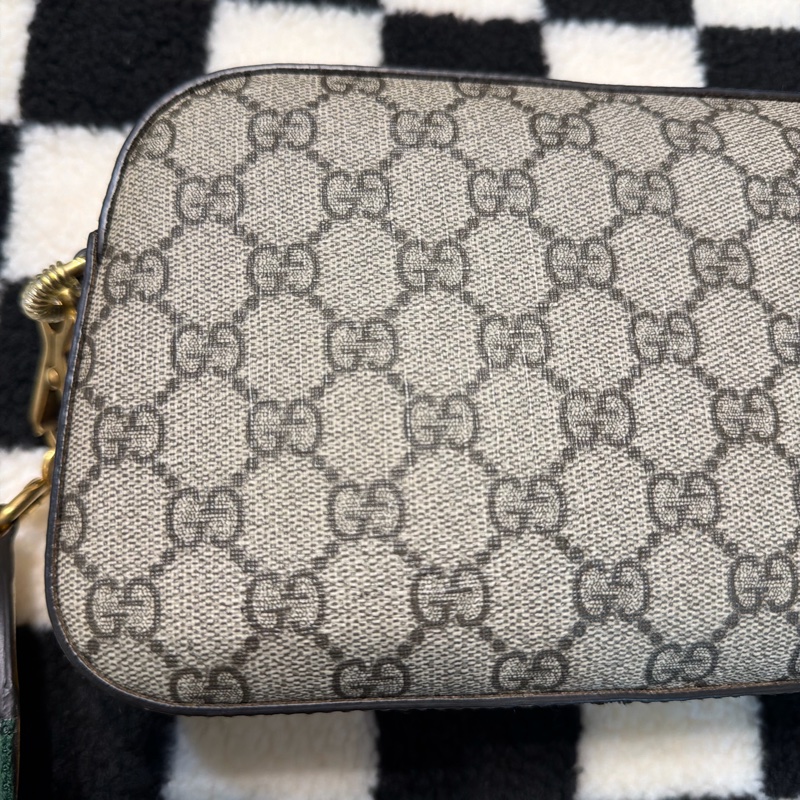 GUCCI 古馳 476466 經典GG Supreme帆布印花雙色織帶相機斜揹包(棕色)-8