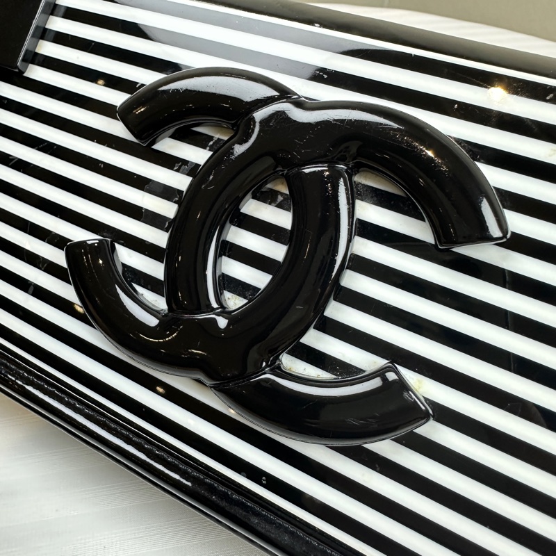 香奈兒/Chanel 漆皮黑白條紋亞克力積木包 23x7x13cm-6