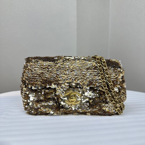 香奈兒/Chanel 金扣金色亮片鏈條迷你口蓋包 可單肩斜背16x7x12cm