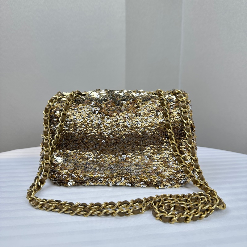 香奈兒/Chanel 金扣金色亮片鏈條迷你口蓋包 可單肩斜背16x7x12cm-1