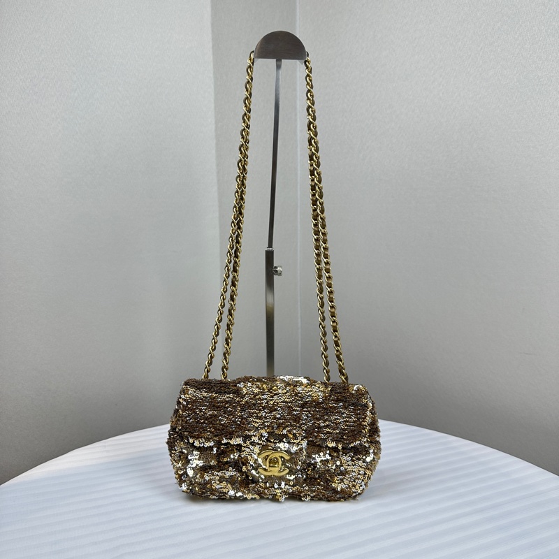 香奈兒/Chanel 金扣金色亮片鏈條迷你口蓋包 可單肩斜背16x7x12cm-2
