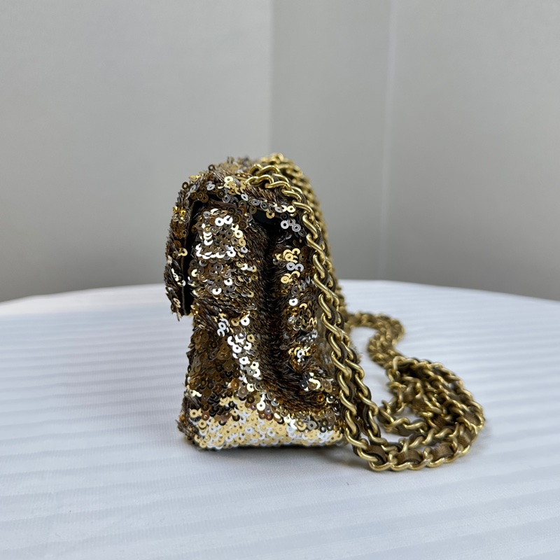 香奈兒/Chanel 金扣金色亮片鏈條迷你口蓋包 可單肩斜背16x7x12cm-3