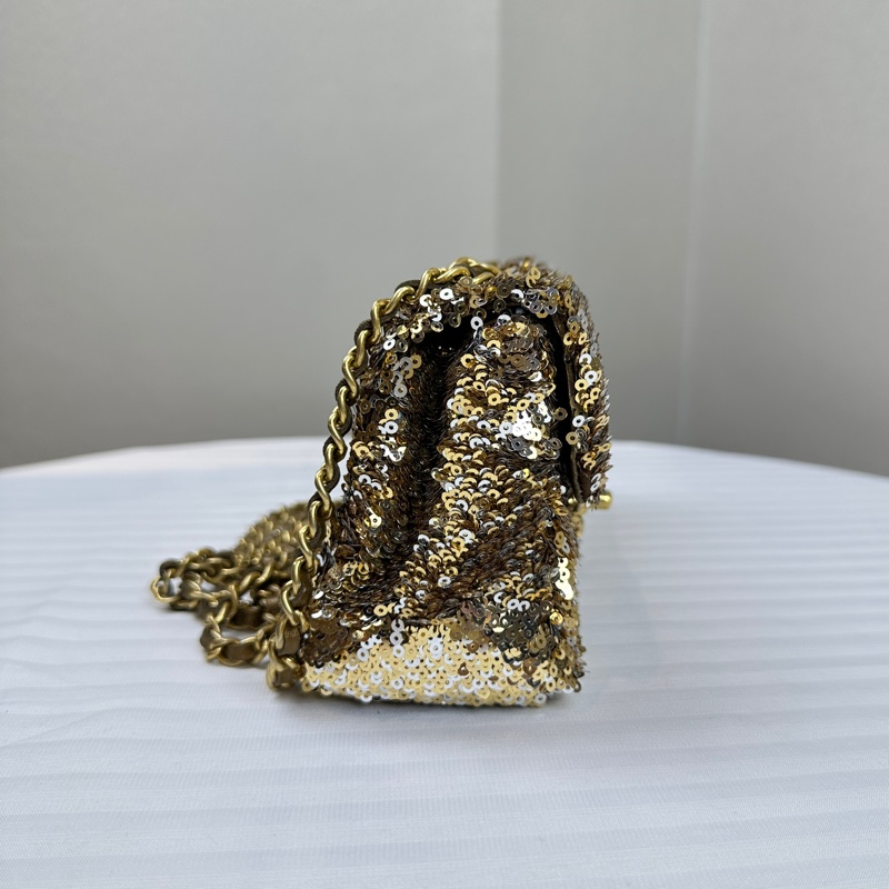 香奈兒/Chanel 金扣金色亮片鏈條迷你口蓋包 可單肩斜背16x7x12cm-4