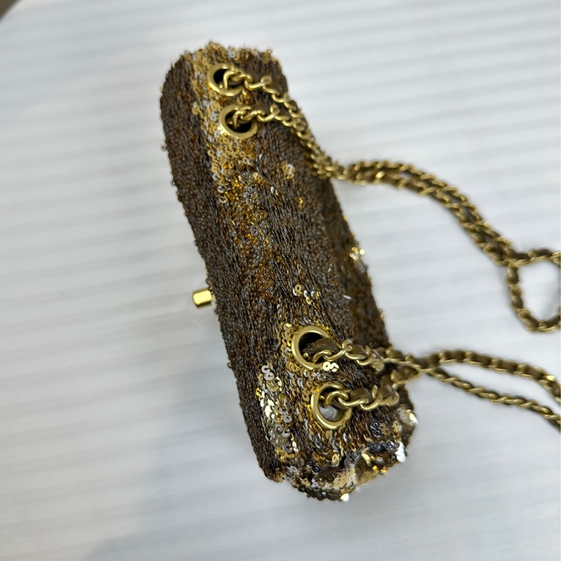 香奈兒/Chanel 金扣金色亮片鏈條迷你口蓋包 可單肩斜背16x7x12cm-5