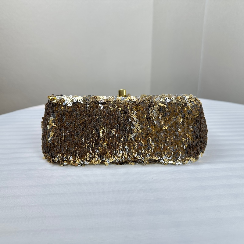 香奈兒/Chanel 金扣金色亮片鏈條迷你口蓋包 可單肩斜背16x7x12cm-6