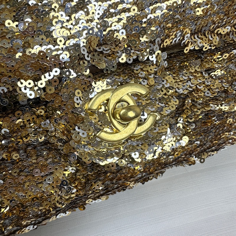 香奈兒/Chanel 金扣金色亮片鏈條迷你口蓋包 可單肩斜背16x7x12cm-7