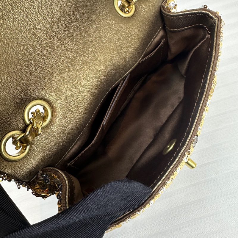 香奈兒/Chanel 金扣金色亮片鏈條迷你口蓋包 可單肩斜背16x7x12cm-8