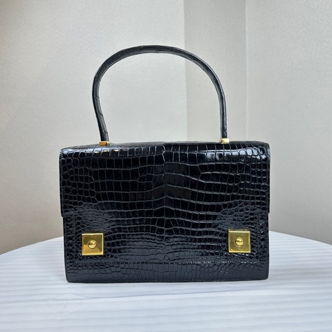 愛馬仕/Hermes Vintage中古黑金鱷魚皮鋼琴包手提包25x4x17cm