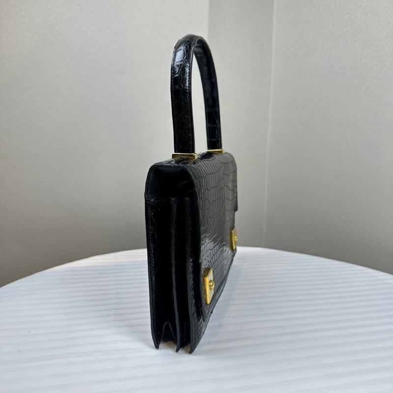 愛馬仕/Hermes Vintage中古黑金鱷魚皮鋼琴包手提包25x4x17cm-2