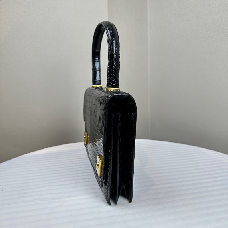 愛馬仕/Hermes Vintage中古黑金鱷魚皮鋼琴包手提包25x4x17cm-3