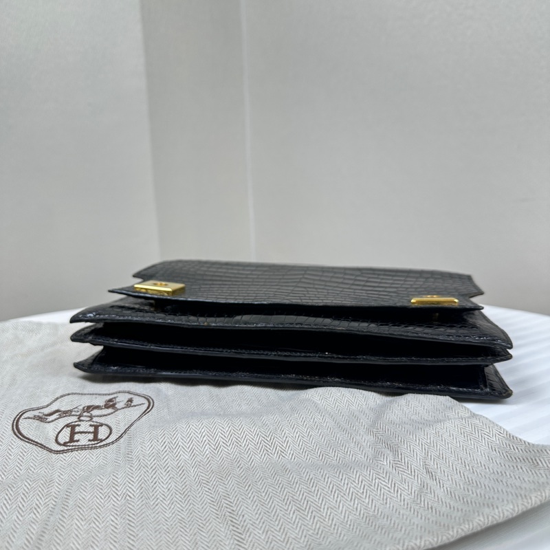 愛馬仕/Hermes Vintage中古黑金鱷魚皮鋼琴包手提包25x4x17cm-5