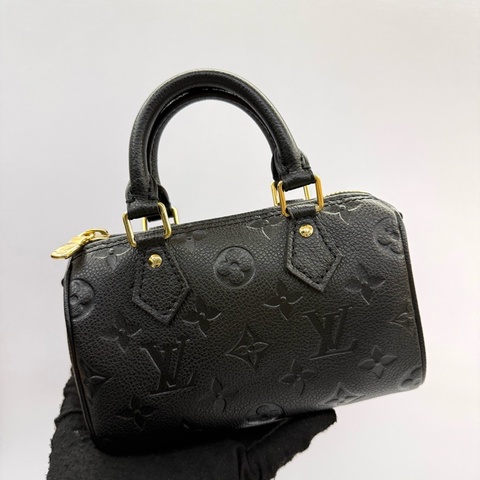 LOUIS VUITTON  路易威登 黑色老花壓紋牛皮手提斜背2way包 EMPREINTE NANO SPEEDY M82450