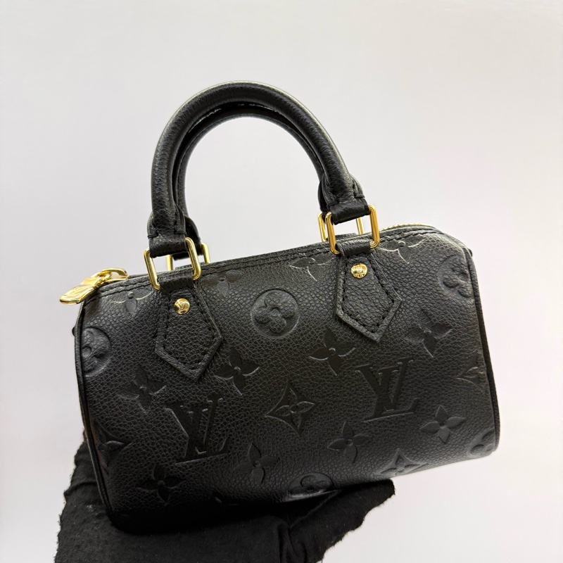 LOUIS VUITTON  路易威登 黑色老花壓紋牛皮手提斜背2way包 EMPREINTE NANO SPEEDY M82450-0