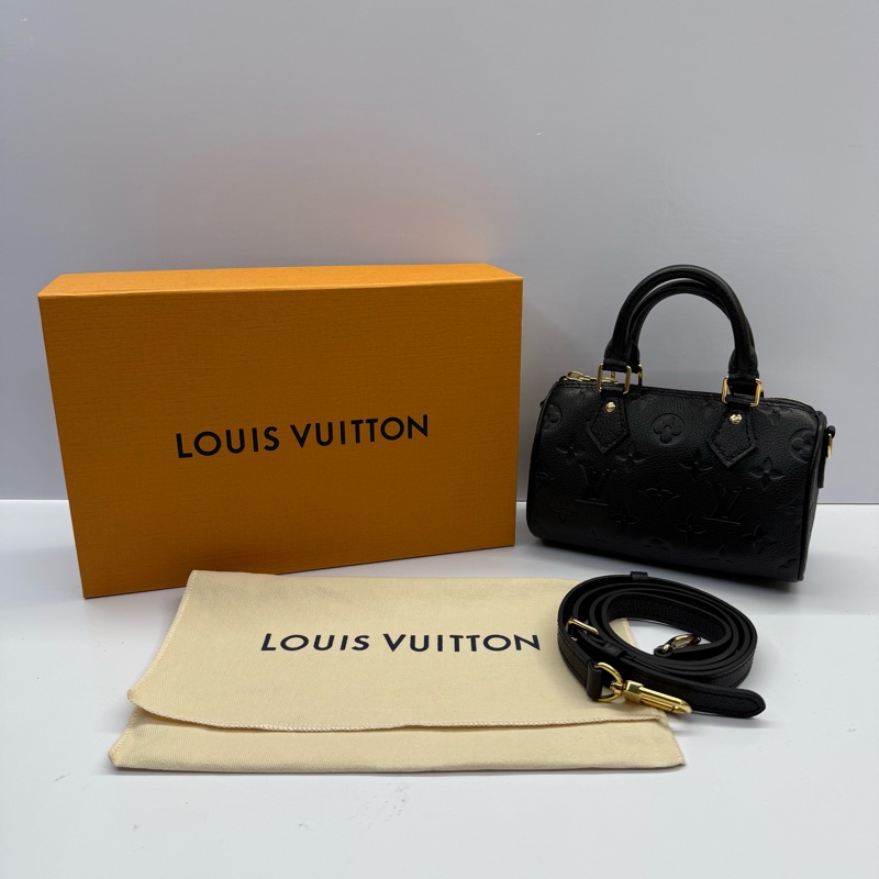 LOUIS VUITTON  路易威登 黑色老花壓紋牛皮手提斜背2way包 EMPREINTE NANO SPEEDY M82450-2