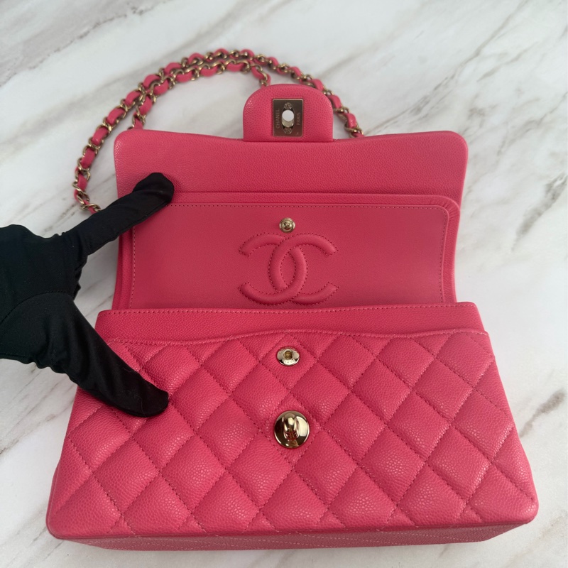 香奈兒Chanel CF23 Classic Flap經典小型口蓋包 荔枝皮粉色金釦-10