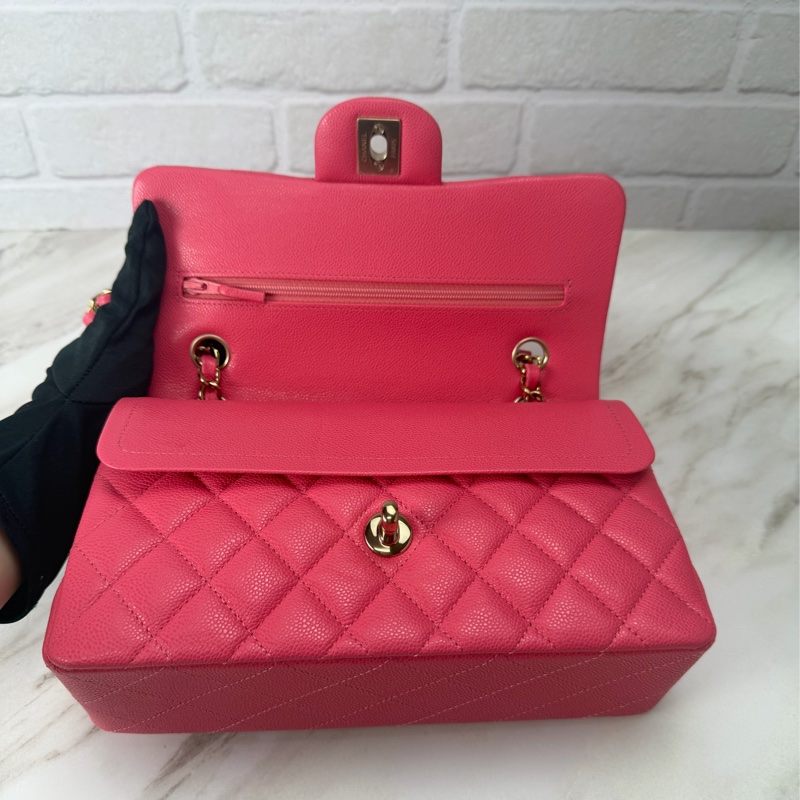 香奈兒Chanel CF23 Classic Flap經典小型口蓋包 荔枝皮粉色金釦-11