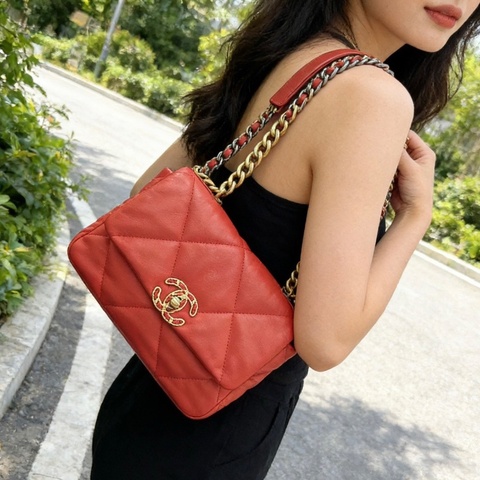CHANEL 橘紅色金扣 19bag小號肩背斜背包26*16*9 98新配件塵袋購證保卡
