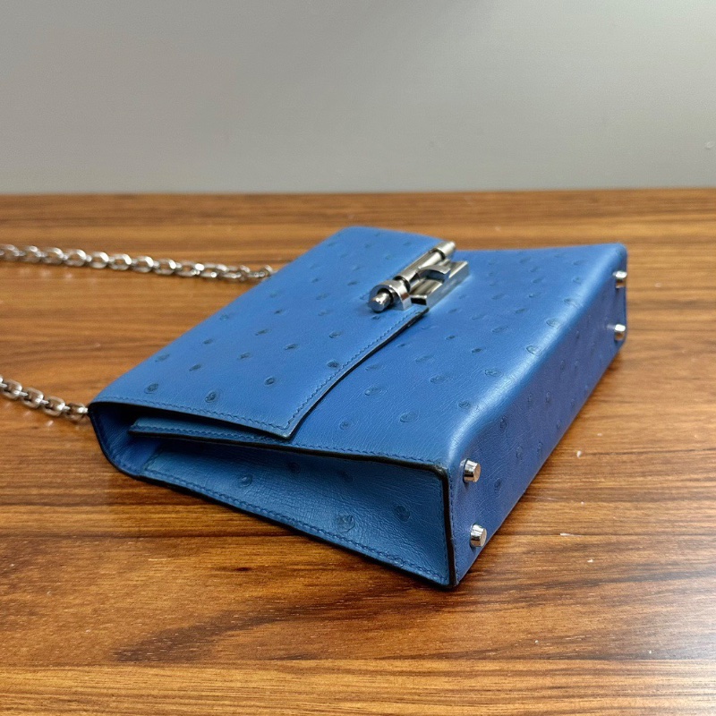 HERMES 鴕鳥馬爾他藍銀扣 mini肩背插銷包17*13.5*4 98新配件盒子塵袋-3