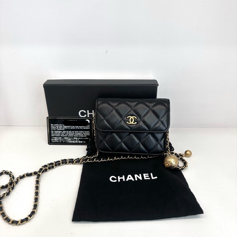 Chanel 香奈兒 金球黑金小廢包 腰包 鏈條包 保卡款 羊皮-0