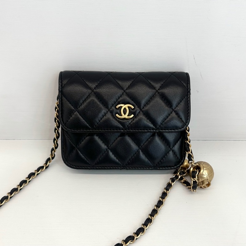 Chanel 香奈兒 金球黑金小廢包 腰包 鏈條包 保卡款 羊皮-1