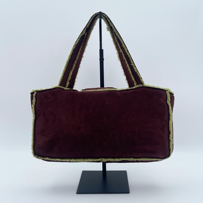 「JL精品代購」香奈兒巧克力麂皮拼抹茶羊羔毛銀扣手提腋下小方包-3