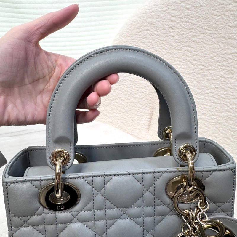 Dior Lady Dior小款石灰色My ABCDior Cannage 藤格紋羊皮黛妃包M0538大全配-12