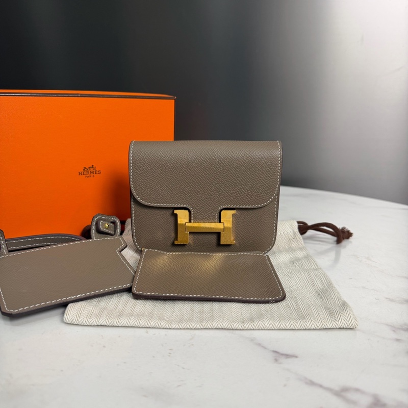 Hermes愛馬仕 W刻康康Slim大象灰 e皮金扣搭配肩帶可單肩斜挎,尺寸12×10cm-0